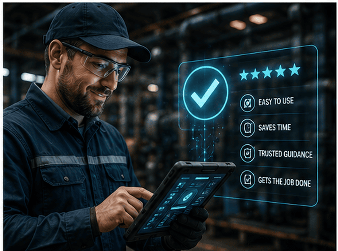 Technician using an easy, trusted AI-guided workflow on a tablet to complete field work with confidence.
