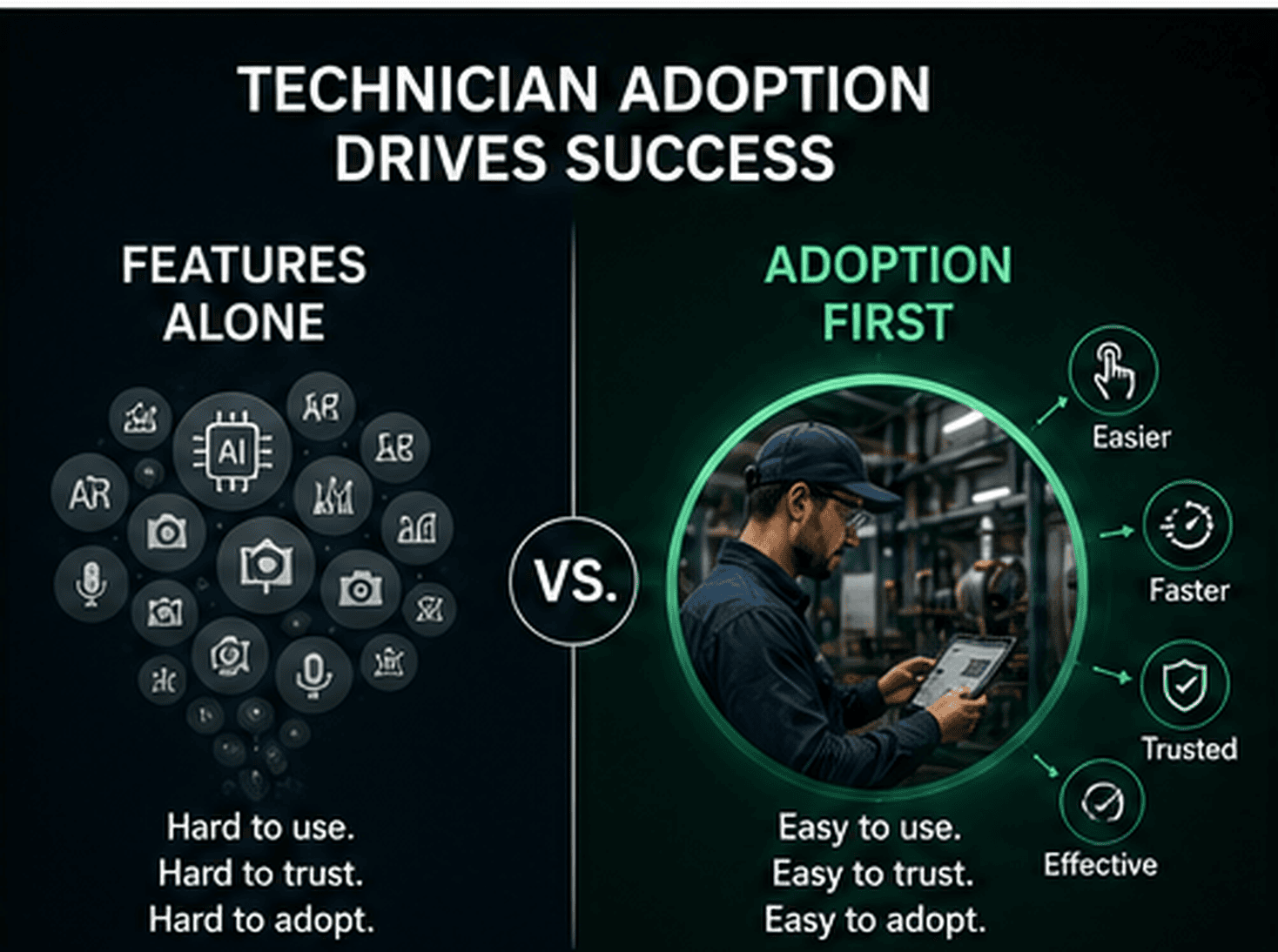 Comparison showing that technician adoption, not the number of AI features, is what drives real field results.