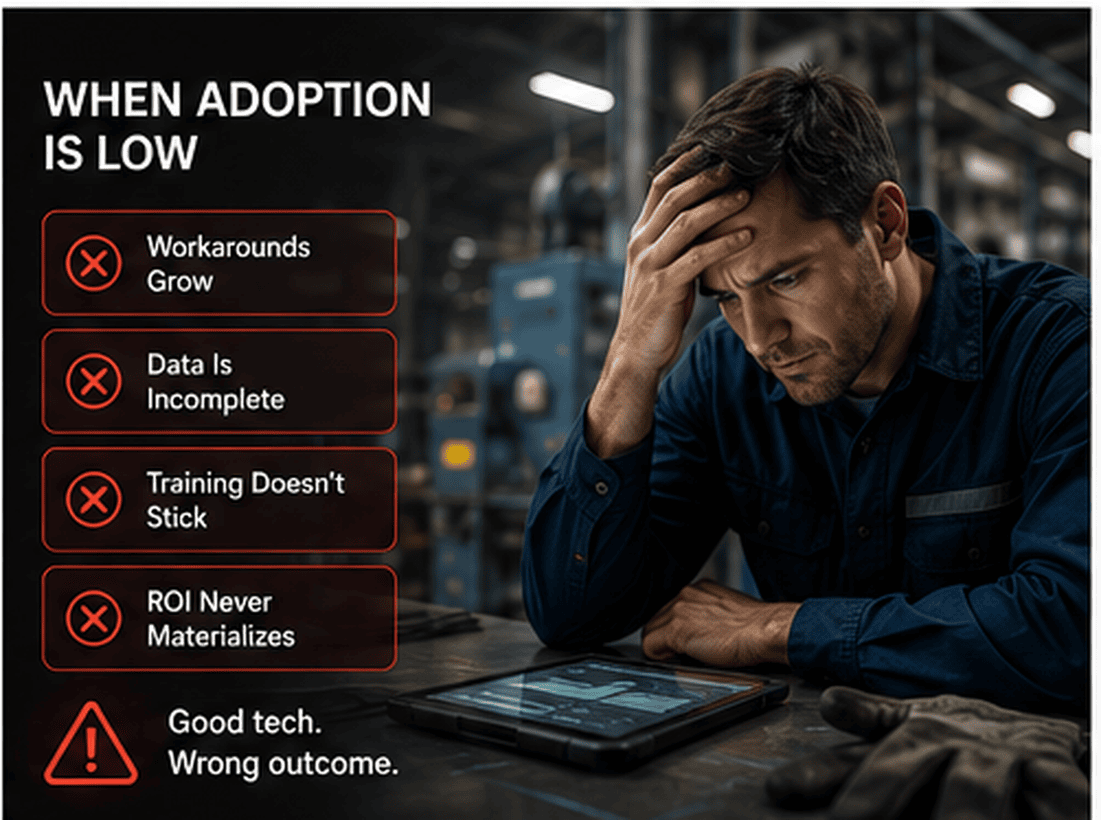 Frustrated technician struggling with a hard-to-use system, showing the operational impact of low adoption.