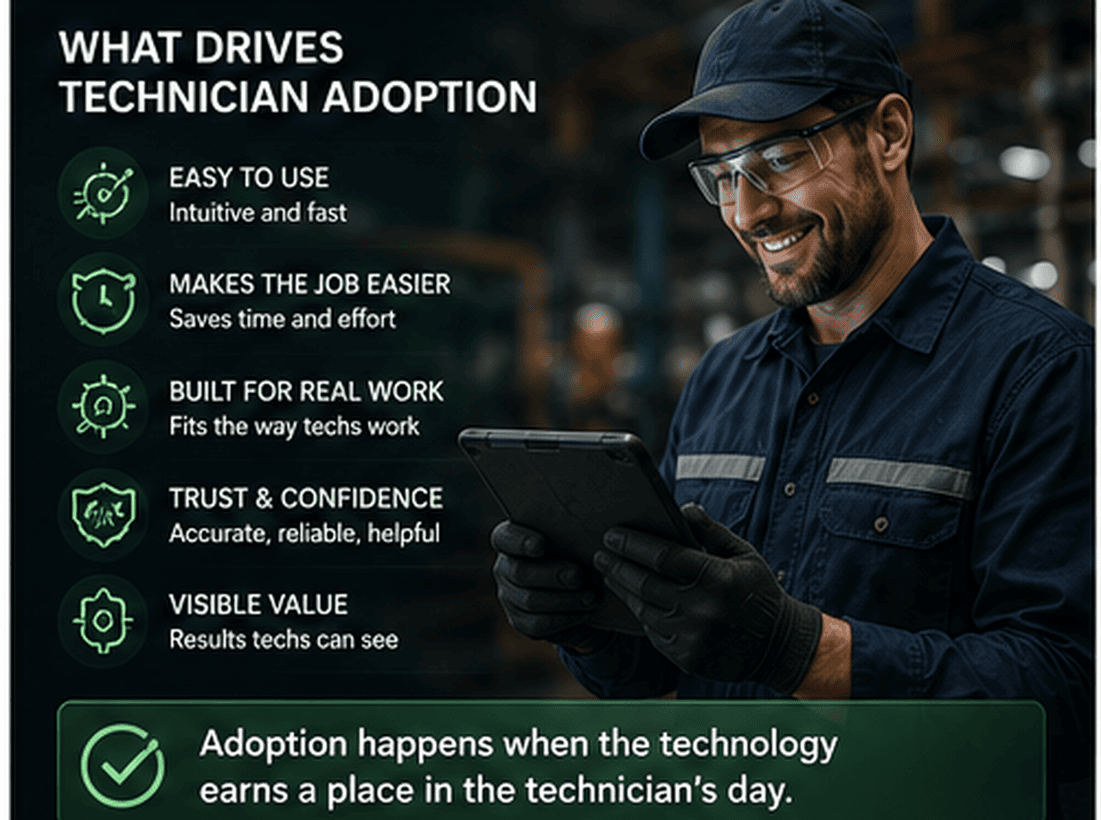 Technician reviewing a practical AI workflow built around ease of use, saved time, trust, and visible value.