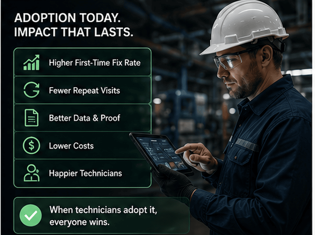 Technician using field AI as adoption improves first-time fix rate, repeat visits, proof quality, cost, and technician satisfaction.