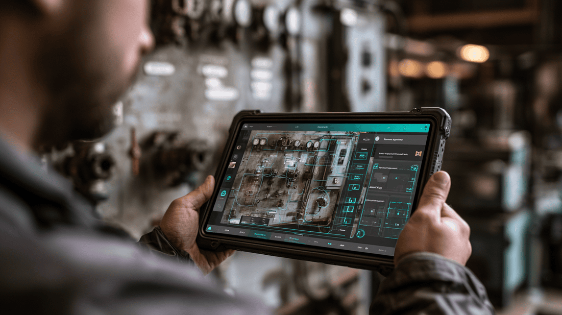 AR-assisted visual guidance helps a technician identify the correct component while computer vision checks asset and photo evidence.