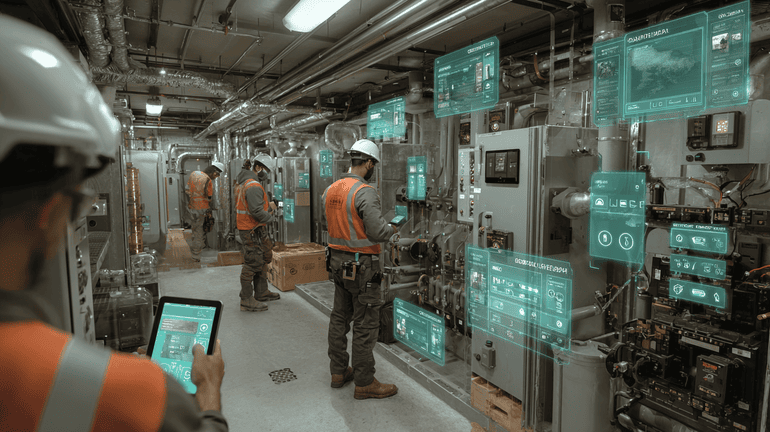 Technicians using field AI tools to follow guided workflows and capture job evidence in a mechanical service environment.