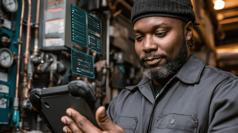 A technician uses an AI-guided workflow on a rugged tablet to follow job steps, capture evidence, and validate closeout in the field.