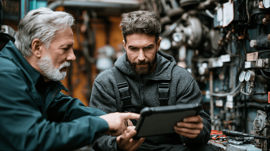 A newer technician uses guided workflows and AR-assisted references while learning from a senior technician on a field job.