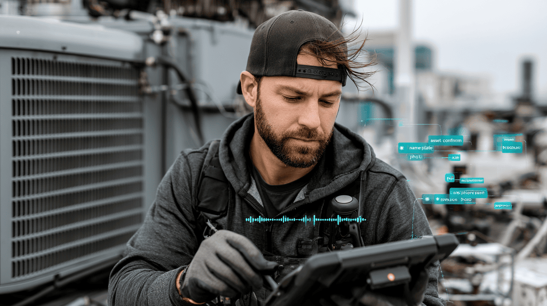 A technician receives hands-free voice guidance while working on rooftop equipment with gloves and tools in use.