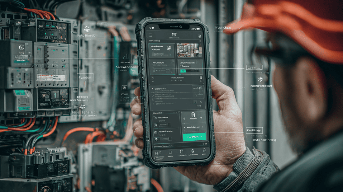 Technician using a guided workflow to capture required field evidence including photos, readings, asset details, and closeout notes.
