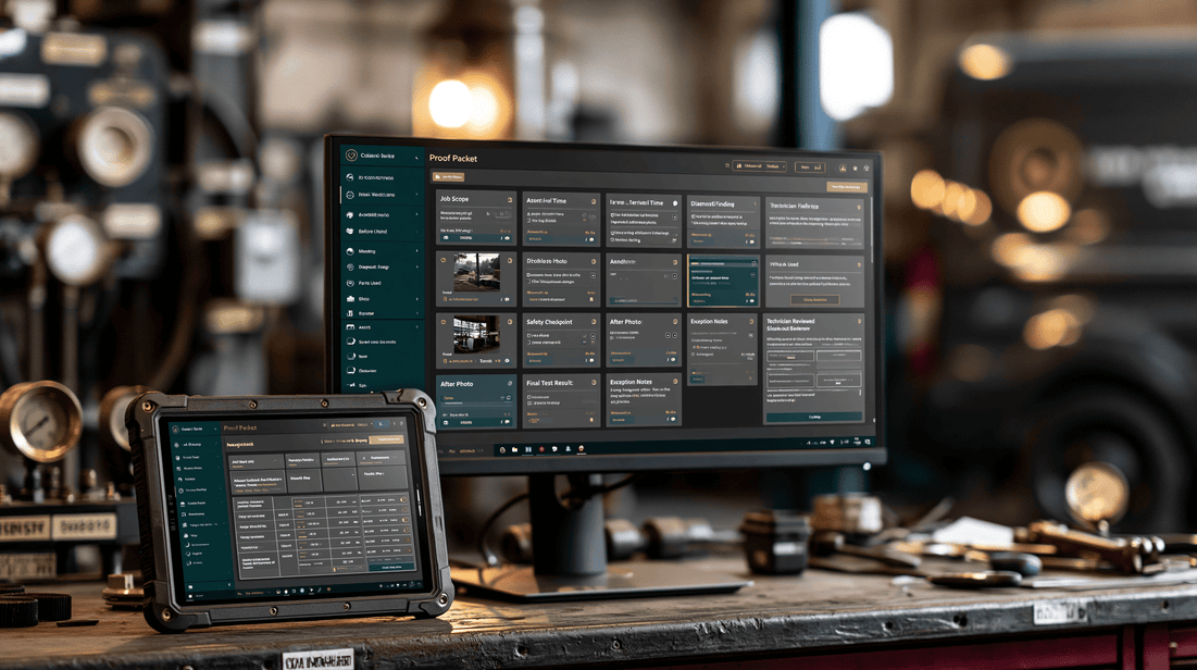 A complete proof packet dashboard showing job context, asset evidence, before-and-after photos, readings, checklist completion, exceptions, and closeout summary.