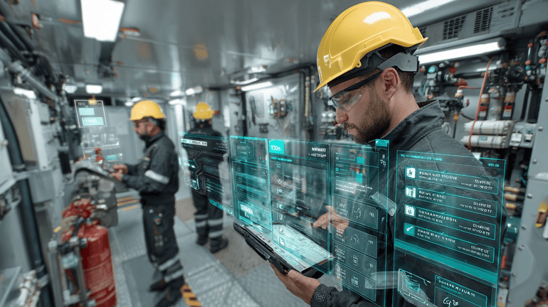 Technicians with field AI tools following guided workflows and capturing job evidence in a mechanical service environment.