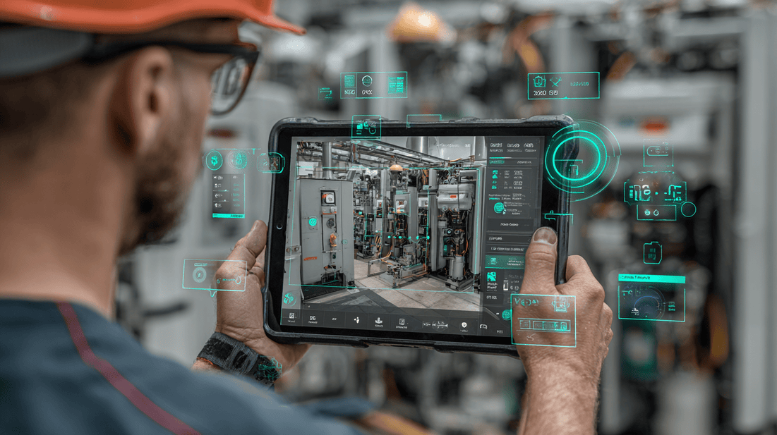 A technician uses AR-assisted guidance and computer vision to verify equipment photos, asset labels, and required job evidence before leaving the site.