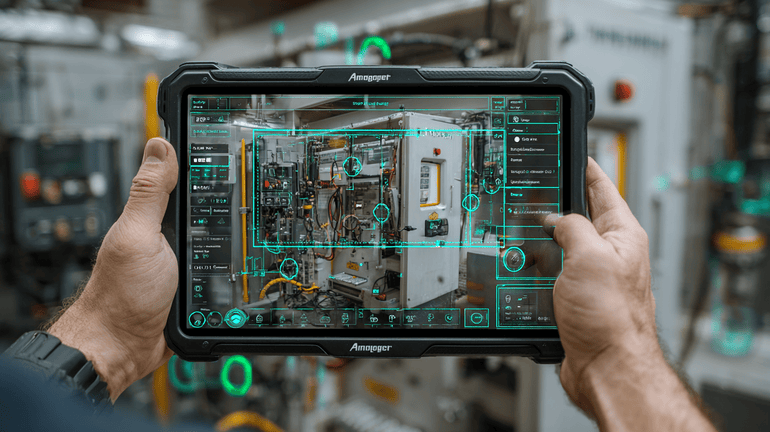 A technician using computer vision powered AR-assisted guidance to verify equipment photos, asset labels, and required job evidence before leaving the site.