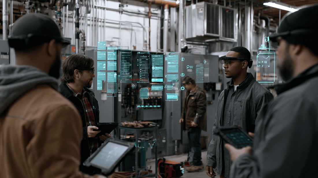 Technicians using voice and AR-assisted guidance on a field service job with workflow steps and proof capture overlays.