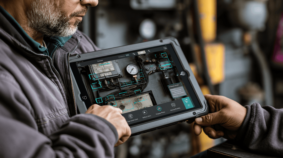 A technician uses AI-assisted evidence prompts, computer vision checks, and AR guidance to capture proof before leaving the job site.